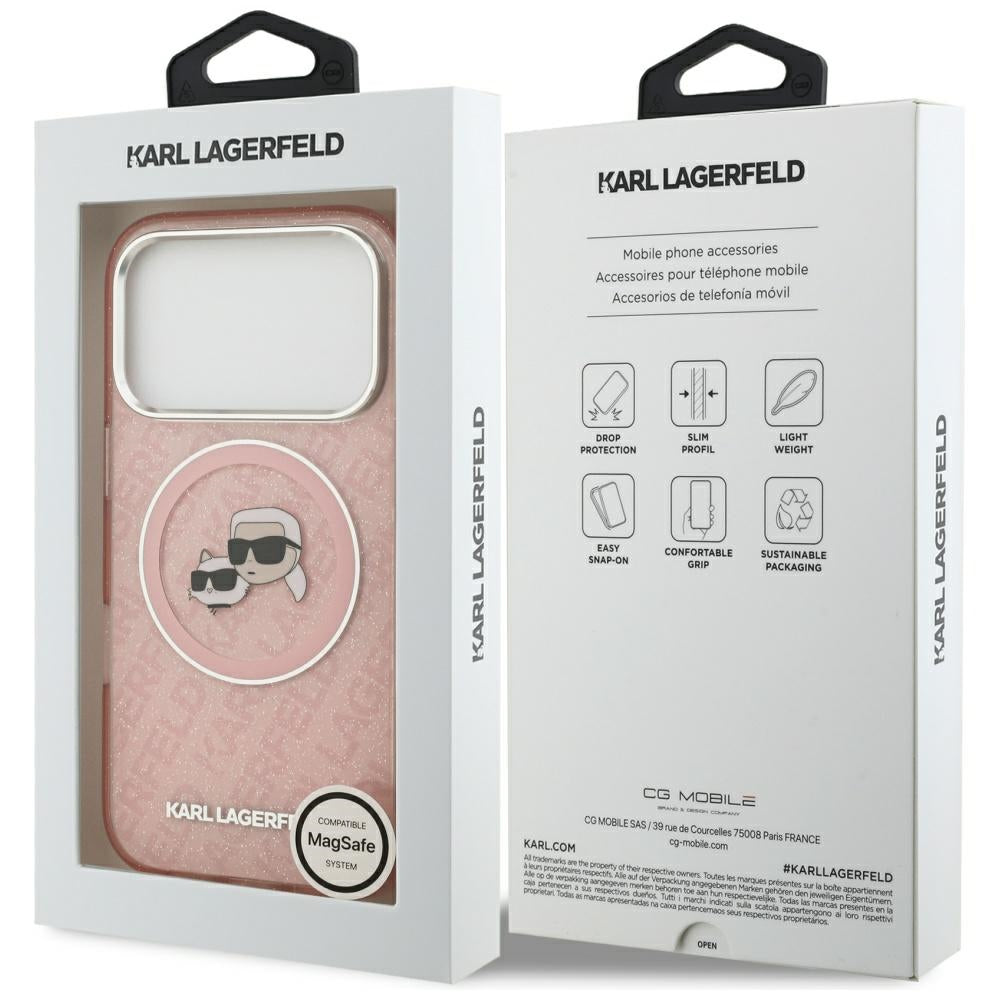 Husa de protectie Karl Lagerfeld IML Glitter K&C Heads Logo MagSafe (KLHMP17LHMKBKCHOP) compatibil cu iPhone 17 Pro, Roz