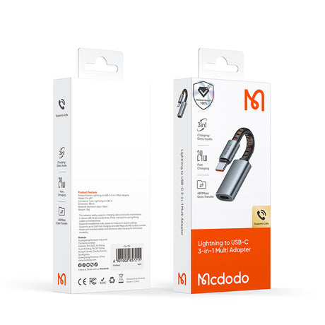 Adaptor Mcdodo Audio Adapter (CA-4870), Lightning to Type-C, 2A, 24W, 480Mbps, OTG, Support Fast Charge, Call Function, 0.1m, Gri