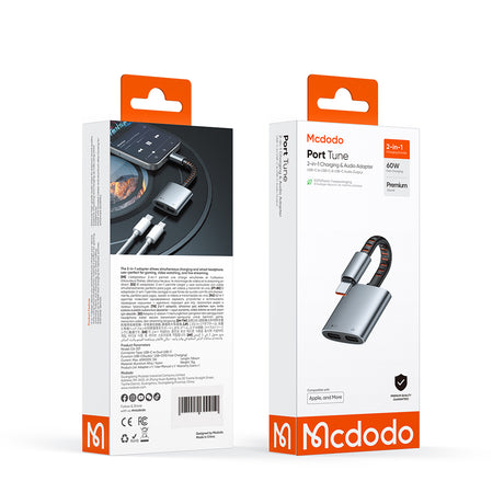Adaptor Mcdodo Audio Adapter (CA-3370), Type-C to 2x Type-C, 3A, 60W, Premium Sound Quality, Aluminum Alloy/Nylon, 0.1m, Gri