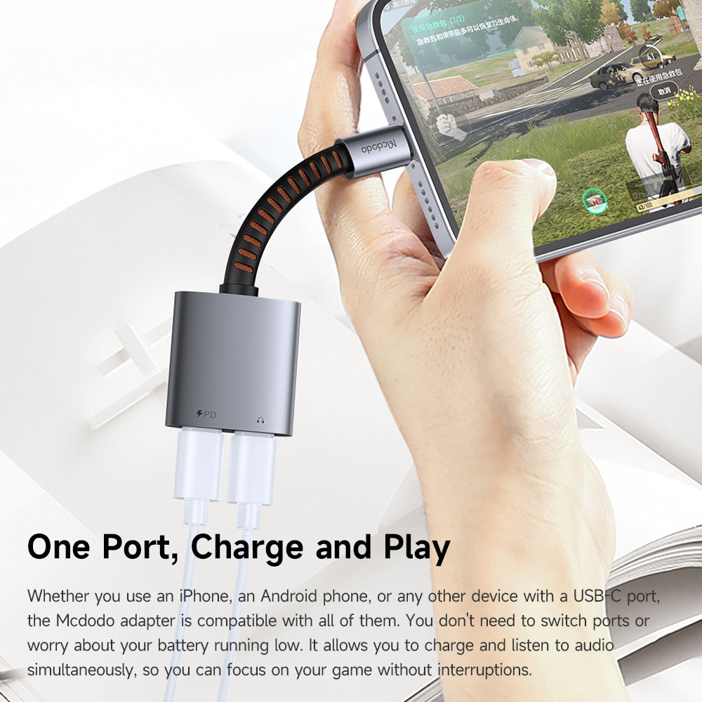 Adaptor Mcdodo Audio Adapter (CA-3370), Type-C to 2x Type-C, 3A, 60W, Premium Sound Quality, Aluminum Alloy/Nylon, 0.1m, Gri