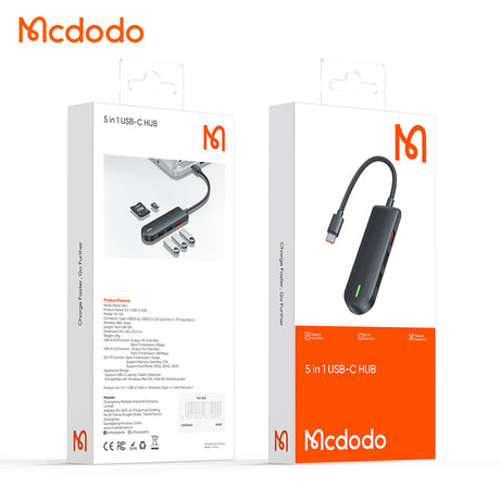 Hub/Dock Mcdodo Hub Star Series (HU-1430), 5in1, 2x USB2.0, USB3.0, SD/TF Card Slot, 5Gbps, ABS+Nylon, Type-C Cable, 15cm, Negru