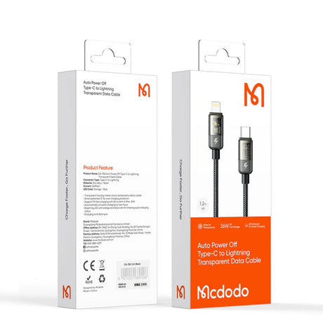 Cablu Mcdodo (CA-3160), Type-C to Lightning, 36W, Transparent Design, Auto Power Off, 1.2m, Negru