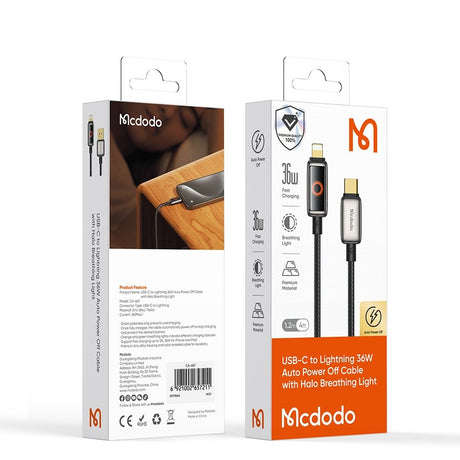 Cablu Mcdodo (CA-6670), with Breathing Light LED Display, USB-C to Lightning, Auto Power Off, 36W, 1.2m, Negru