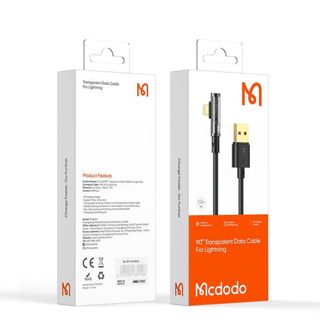 Cablu Mcdodo (CA-3510), USB-A to Lightning, 90 Degree Design, 3A, Transparent Design, 1.2m, Negru