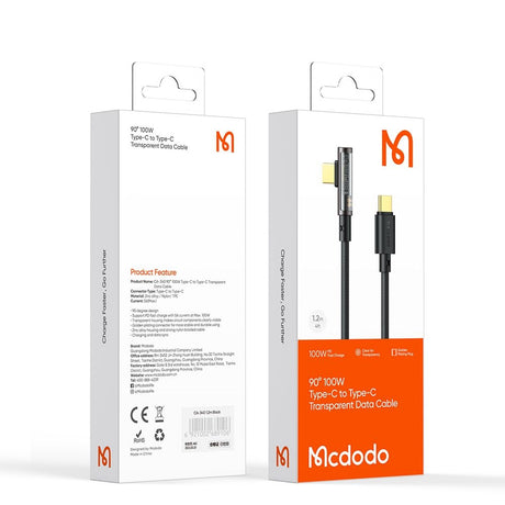 Cablu Mcdodo (CA-3400), USB-C to USB-C, 90 Degree Design, 100W, Transparent Design, 5A, 1.2m, Negru