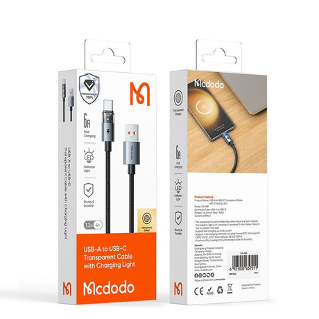 Cablu Mcdodo (CA-6890), with Charging Light, USB-C to USB-A, Transparent Cable, 6A, 1.2m, Negru
