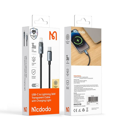 Cablu Mcdodo (CA-6940), with Charging Light, USB-C to Lightning, Transparent Cable, 36W, 1.2m, Negru