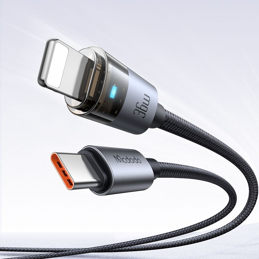 Cablu Mcdodo (CA-6940), with Charging Light, USB-C to Lightning, Transparent Cable, 36W, 1.2m, Negru