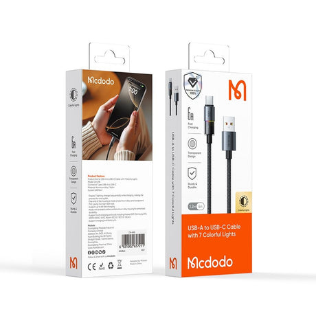 Cablu Mcdodo (CA-8180), with 7 Colorful Lights, USB-A to USB-C, 6A, 1.2m, Negru
