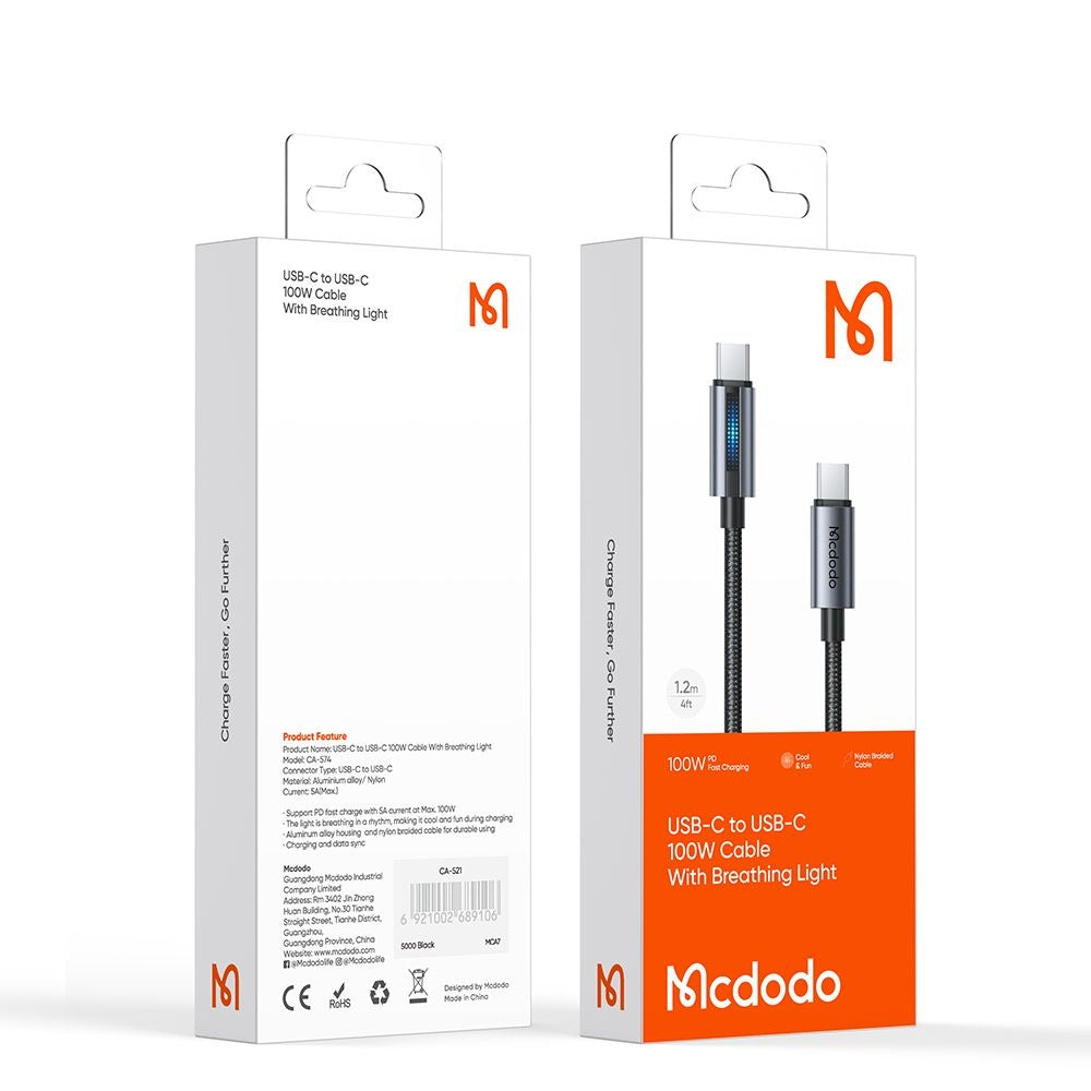 Cablu Mcdodo (CA-5740), with Breathing Light, USB-C to USB-C, 100W, 5A, 1.2m, Negru