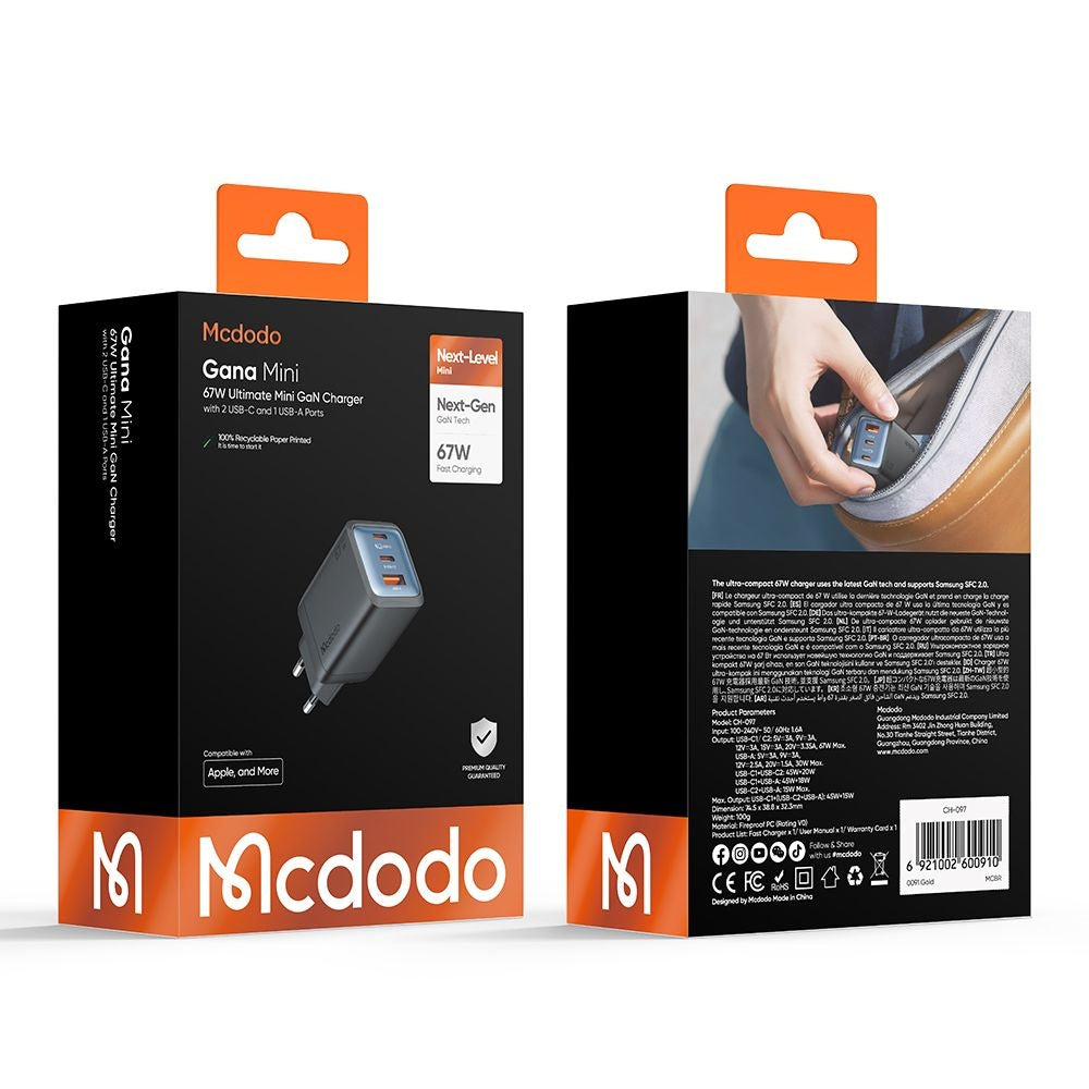 Incarcator Mcdodo (CH-0970), 2x USB-C + 1x USB-A, 67W GaN, Negru