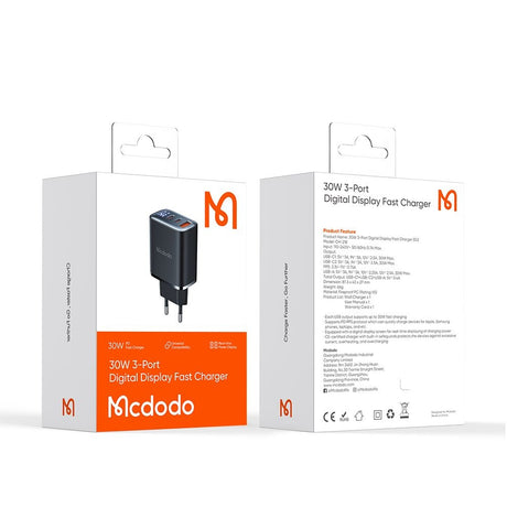 Incarcator Mcdodo (CH-2180), 2x USB-C, 1x USB-A, 30W, Fast Charger, Digital Display, Negru