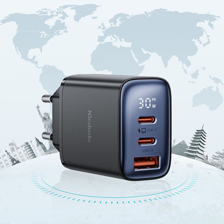 Incarcator Mcdodo (CH-2180), 2x USB-C, 1x USB-A, 30W, Fast Charger, Digital Display, Negru