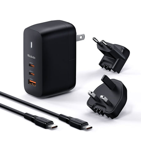 Incarcator Mcdodo Travel Adapter Mecha Series (CH-8442), Cable Included, UK/US/EU Plugs, 65W, 2x Type-C, USB-A, Negru