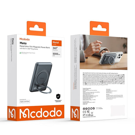Baterie externa Mcdodo Magnetic Meta Series (MC-8361), Built-in 360° Ring Stand, 5000mAh, 20W, Digital Display, Gri Inchis