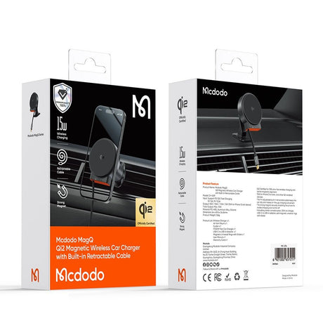 Suport Mcdodo with Wireless Charging (CH-0090), for Air Vent, 15W, Qi2, Built-in Retractable Cable, Negru