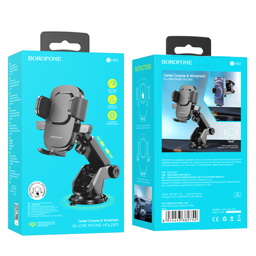 Suport Borofone Dainty (BH60), with Suction Cup, for Dashboard/Windshield, 4.5-7" Phone, Negru Grey