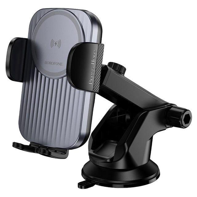 Suport Borofone with Wireless Charging Leading (BH222), for Dashboard/Windshield, Secure Grip, 15W, Negru Metal Grey