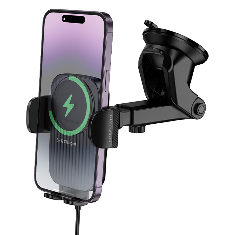 Suport Borofone with Wireless Charging Leading (BH222), for Dashboard/Windshield, Secure Grip, 15W, Negru Metal Grey