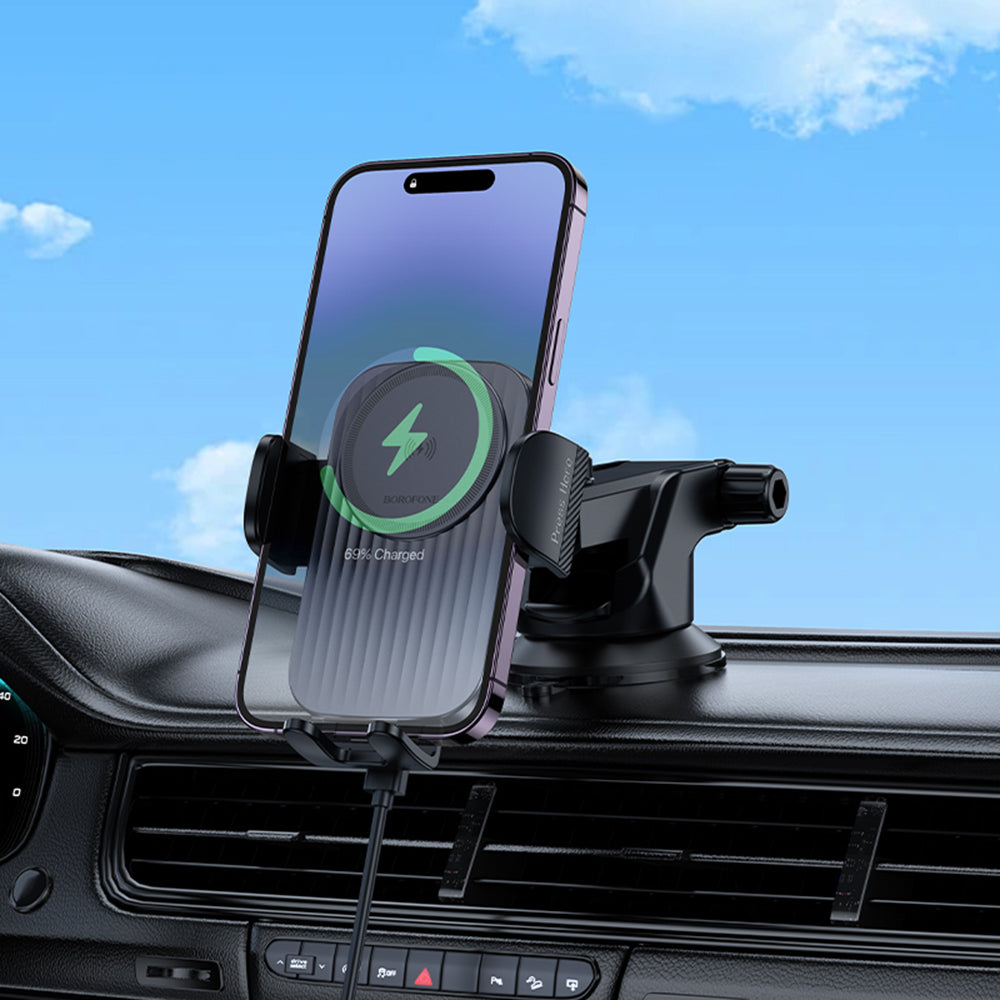 Suport Borofone with Wireless Charging Leading (BH222), for Dashboard/Windshield, Secure Grip, 15W, Negru Metal Grey