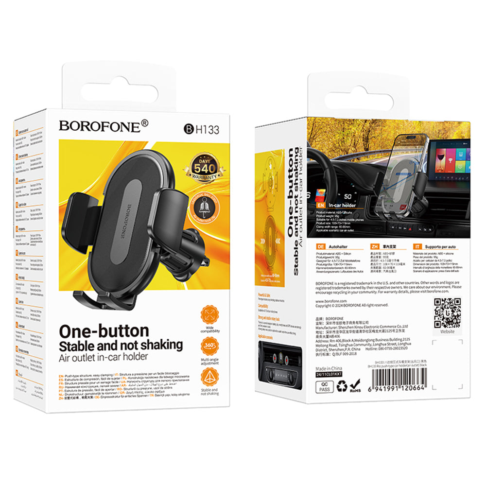 Suport Borofone Rio (BH133), for Air Vent, 360° Adjust, ABS Silicone, 4.5–7", Negru