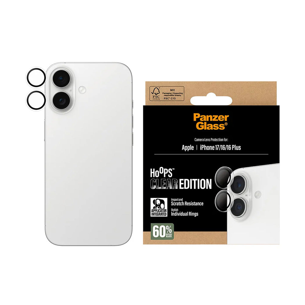 Folie de protectie PanzerGlass® Hoops® Camera Lens compatibil cu iPhone 17 / iPhone 16 / iPhone 16 Plus, Transparent