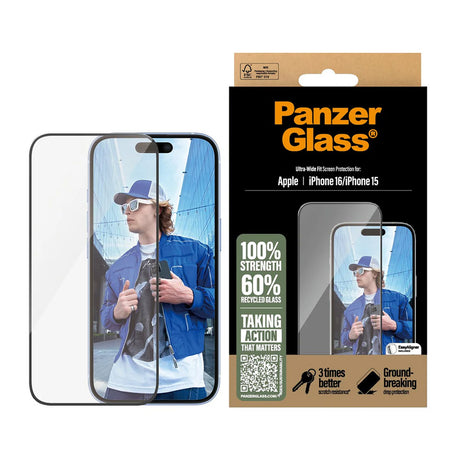 Folie de protectie PanzerGlass® Ultra-Wide Fit compatibil cu iPhone 16 / iPhone 15, Negru