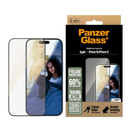 Folie de protectie PanzerGlass® Ultra-Wide Fit EyeCare compatibil cu iPhone 16 / iPhone 15, Negru