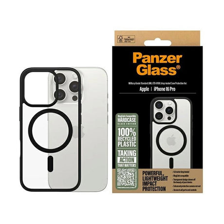 Husa de protectie PanzerGlass® HardCase Black MagSafe & Frame Series compatibil cu iPhone 16 Pro, Transparent