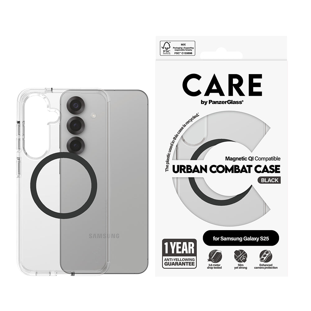 Husa de protectie PanzerGlass® CARE Flagship Urban Combat Black Qi Compatible compatibil cu Samsung Galaxy S25, Transparent