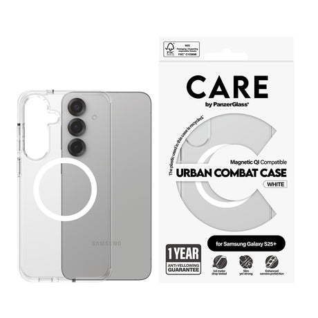 Husa de protectie PanzerGlass® CARE Flagship Urban Combat White Qi Compatible compatibil cu Samsung Galaxy S25 Plus, Transparent