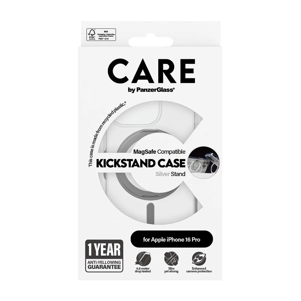 Husa de protectie PanzerGlass® CARE Feature Silver Kickstand & MagSafe compatibil cu iPhone 16 Pro, Transparent