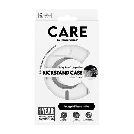 Husa de protectie PanzerGlass® CARE Feature Silver Kickstand & MagSafe compatibil cu iPhone 16 Pro, Transparent