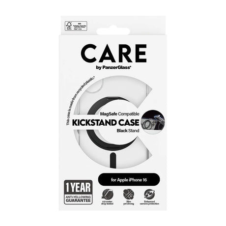Husa de protectie PanzerGlass® CARE Feature Black Kickstand & MagSafe compatibil cu iPhone 16, Transparent