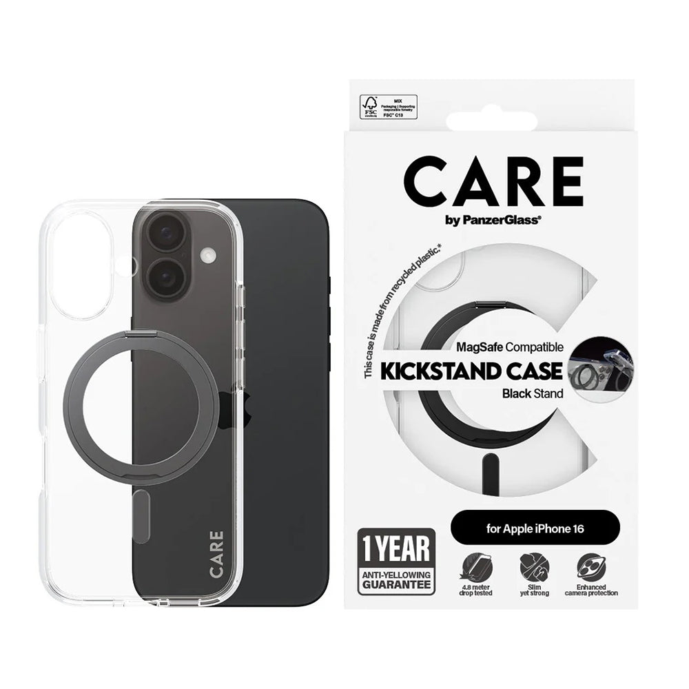 Husa de protectie PanzerGlass® CARE Feature Black Kickstand & MagSafe compatibil cu iPhone 16, Transparent