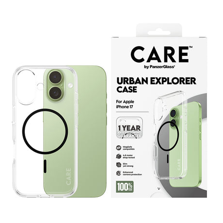 Husa de protectie PanzerGlass® CARE Flagship Urban Explorer Black MagSafe compatibil cu iPhone 17, Transparent