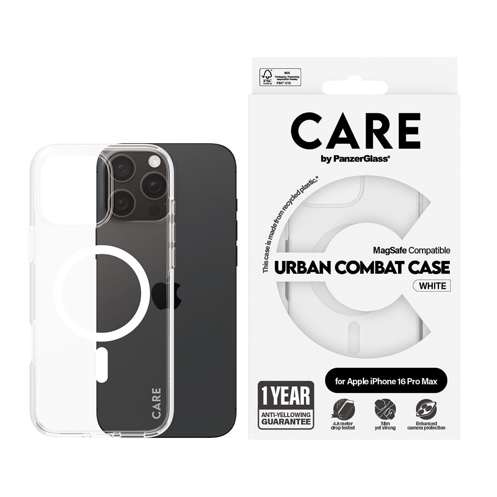 Husa de protectie PanzerGlass® CARE Flagship Urban Combat White MagSafe compatibil cu iPhone 16 Pro, Transparent