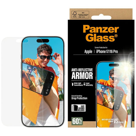 Folie de protectie PanzerGlass® Anti-Reflective Armor w. EasyAligner compatibil cu iPhone 17 / iPhone 16 Pro, Transparent Mat
