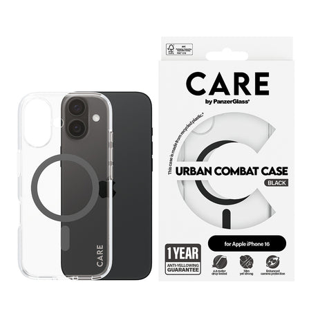 Husa de protectie PanzerGlass® CARE Flagship Urban Combat Black MagSafe compatibil cu iPhone 16, Transparent