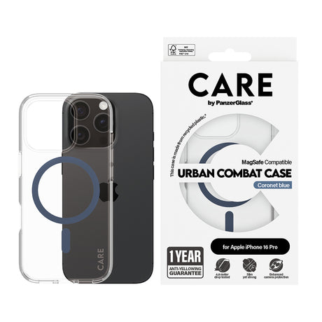 Husa de protectie PanzerGlass® CARE Flagship Urban Combat Blue MagSafe compatibil cu iPhone 16 Pro, Transparent