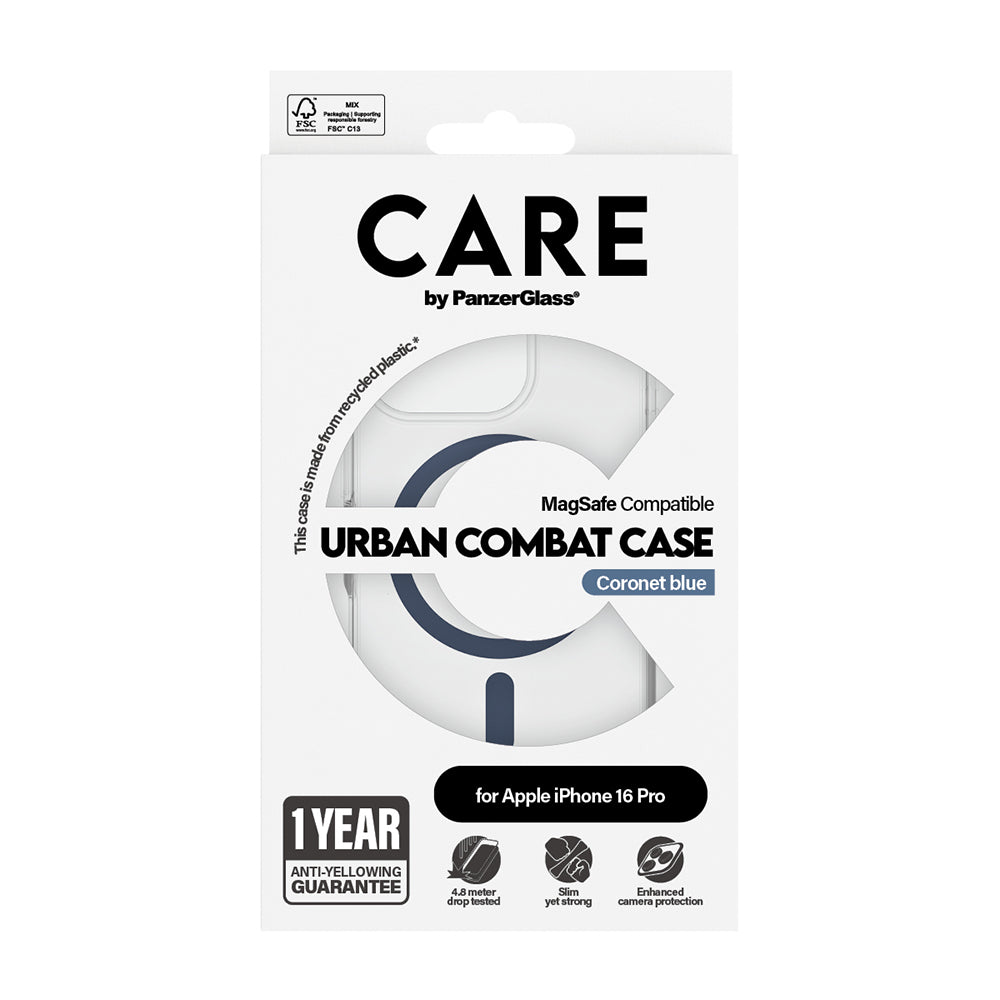 Husa de protectie PanzerGlass® CARE Flagship Urban Combat Blue MagSafe compatibil cu iPhone 16 Pro, Transparent