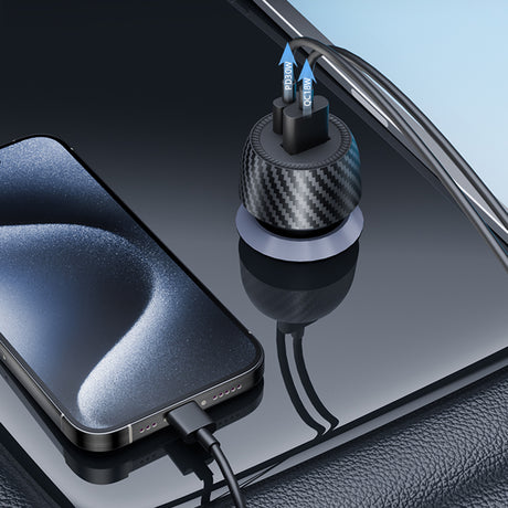 Incarcator Techsuit Car CarbonVolt (C7), Fast Charge 48W, USB, Type-C, QC3.0 18W, PD30W, Negru