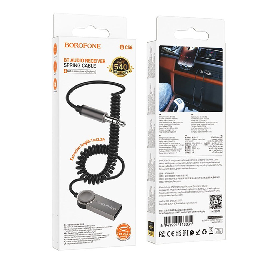 Gadget Borofone Cable Audio Receiver Peaceful (BC56), Bluetooth V5.0 Adapter, Jack 3.5mm, Metal Gray
