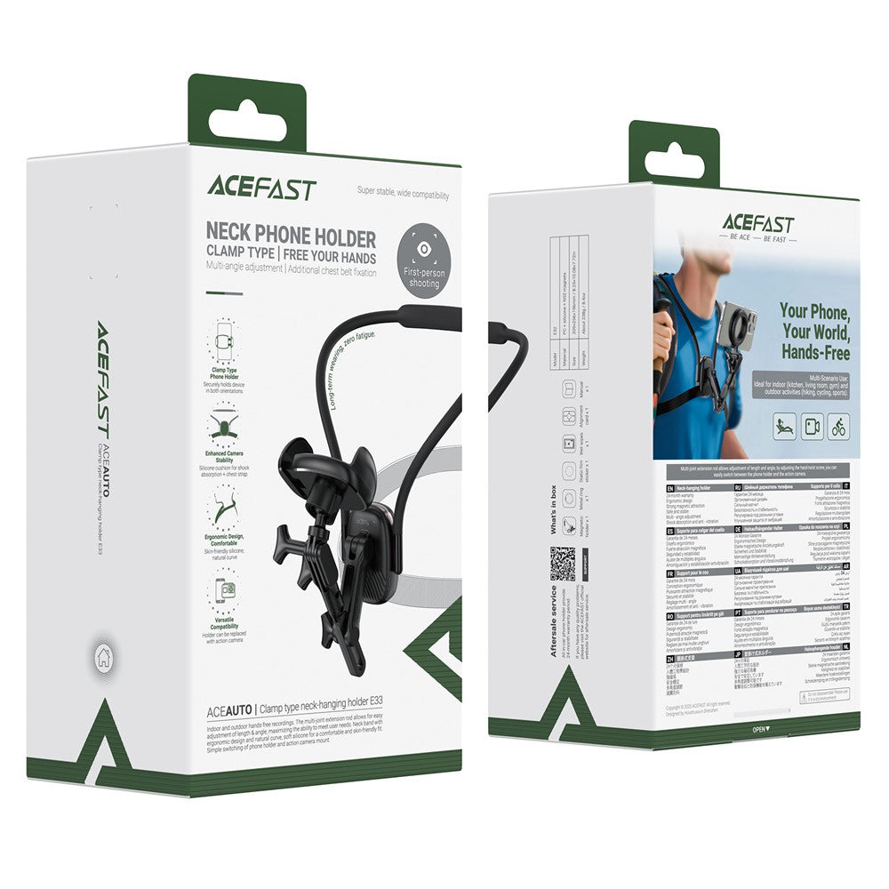 Suport Acefast Neck Phone (E33), for GoPro, Phone, with Clamp, 360° Adjustable, Secure Fit, Silicone Neckband, Negru