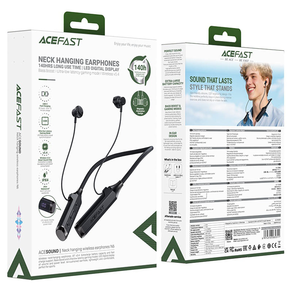 Casti Acefast Bluetooth Earphones (N6), for Sport, Behind the Head, Neckband, Bluetooth 5.4, IPX4, TF Card Slot, 1000mAh- Black