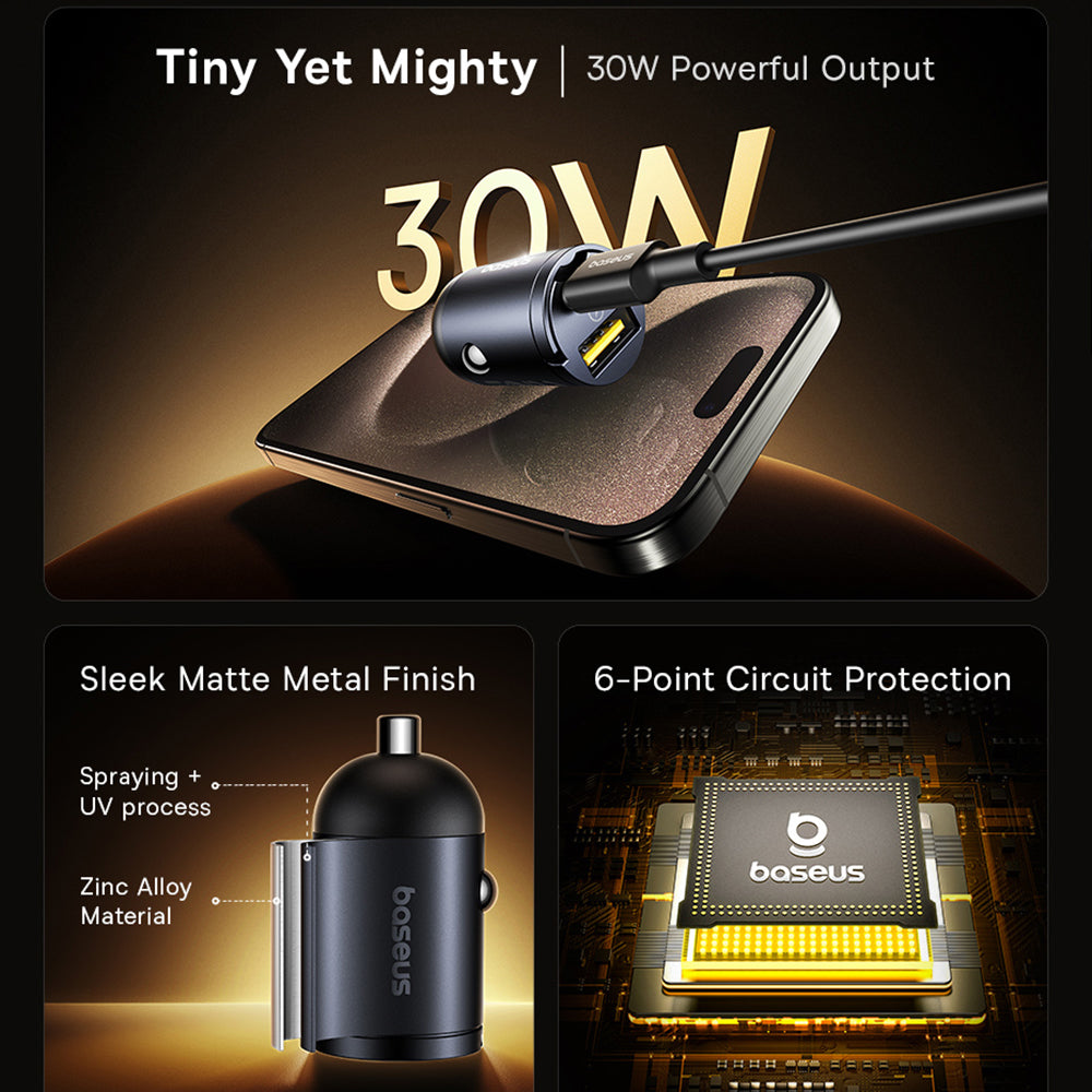 Incarcator Baseus Car Tiny Star Mini (C00035001121-02), USB, Type-C, 30W, with Built-in Pull Handle, 12V to 24V, Negru