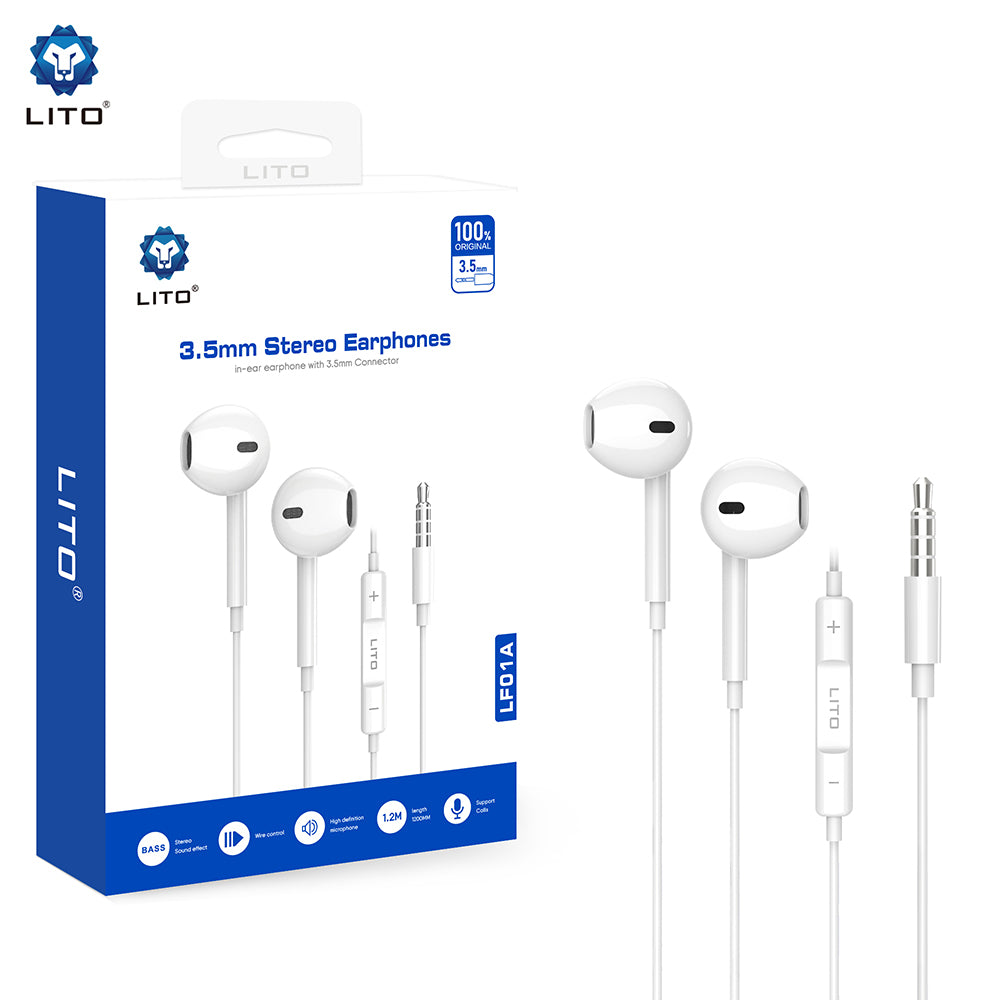 Casti Lito Wired Earphones (LF01A), Jack 3.5mm, Stereo, Half In-ear, with HD Microphone, 1.2m, Alb