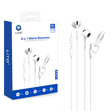 Casti Lito Wired Earphones (LF03), Jack 3.5mm, Type-C, Stereo, Half In-ear, with HD Microphone, 1.2m, Alb