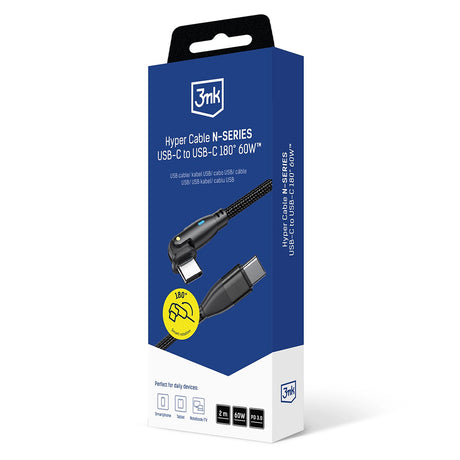 Cablu 3mk Hyper N-Series, Type-C to Type-C, Fast Charge, Flexible 180°, 60W, 20V/3A, 2m, Negru