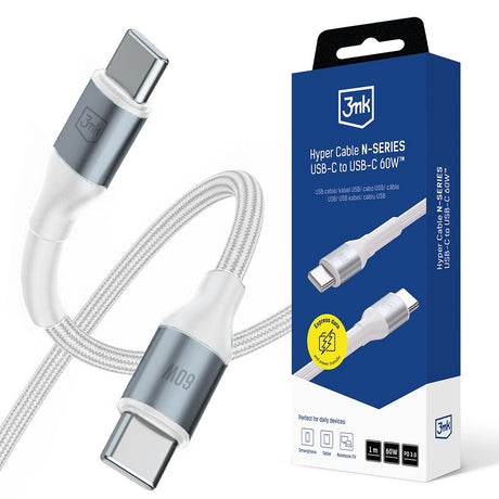 Cablu 3mk Hyper N-Series, Type-C to Type-C, Fast Charge, 60W, 20V/3A, 1m, Alb
